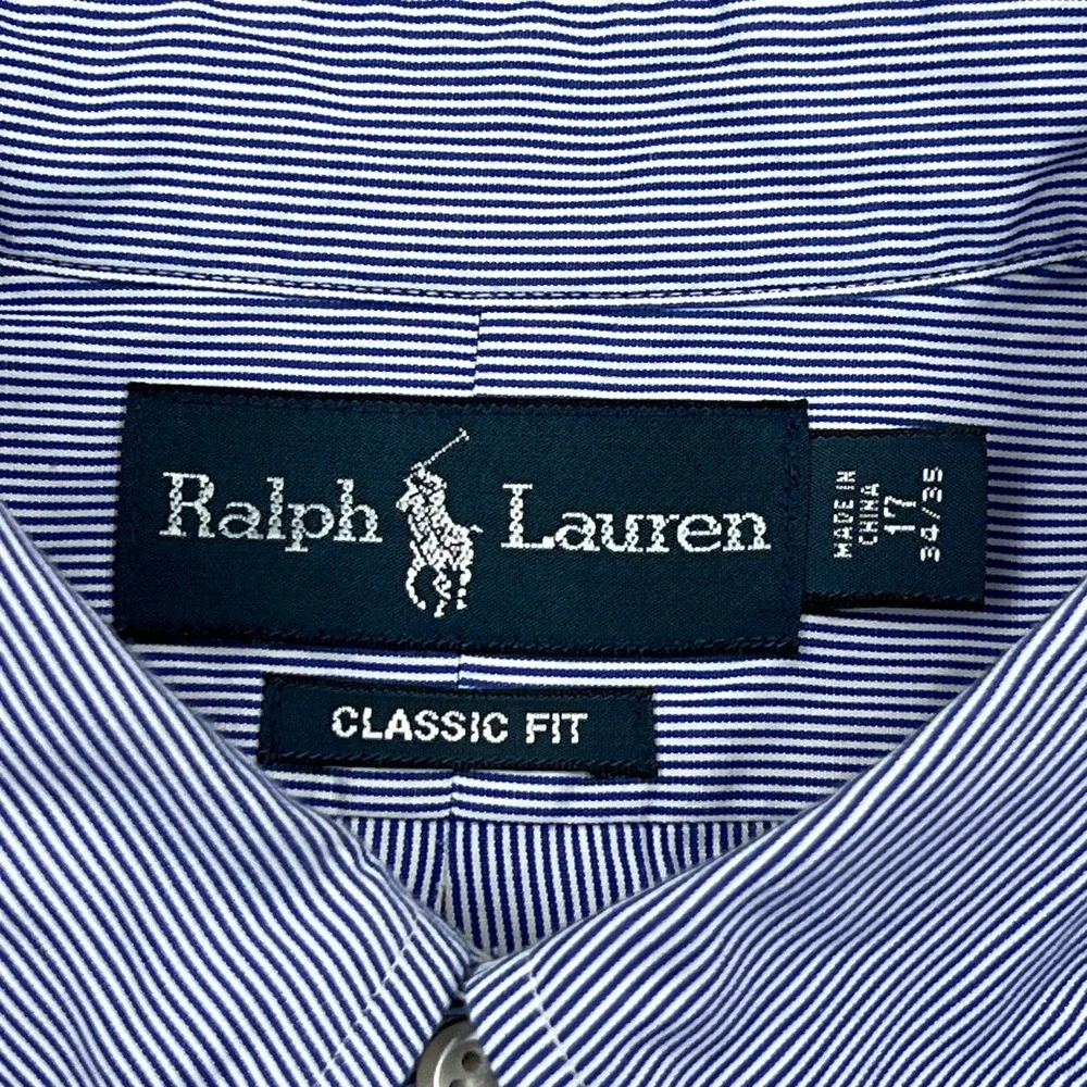Ralph Lauren Dress Shirt‎ Men's 17.5 Blue Stripe Long Sleeve Pony Logo Button Up